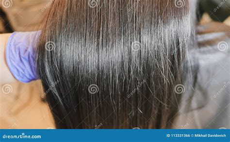 The Brunette Girl Shows Off Her Hair After Treatment And Straightening Her Hair Stock Photo