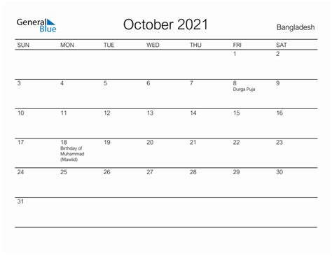 Printable October 2021 Monthly Calendar With Holidays For Bangladesh