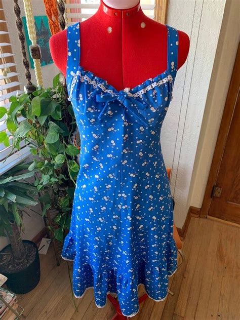 Vintage S S Cherries Dress Blue Pinup Rockabilly Sz M Etsy