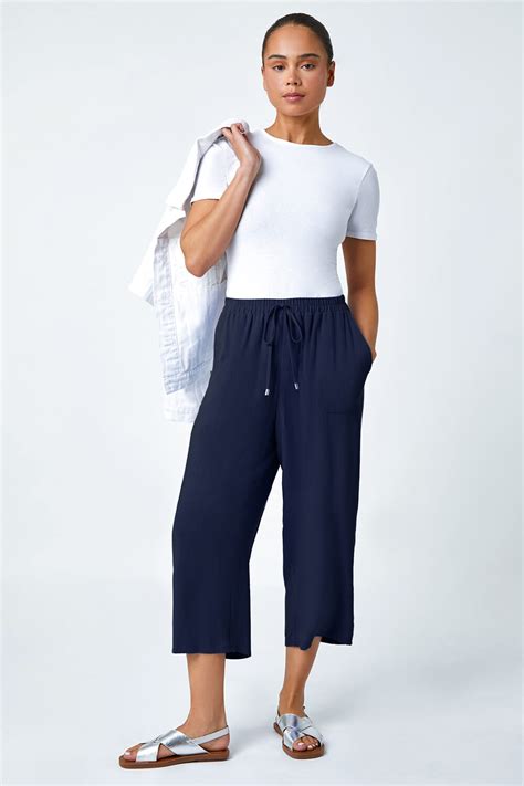 Navy Petite Linen Mix Wide Cropped Trousers Roman Uk