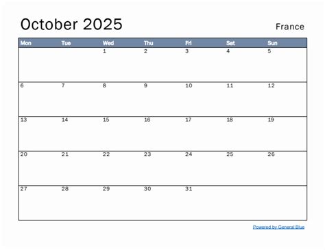 October 2025 - France Monthly Calendar with Holidays