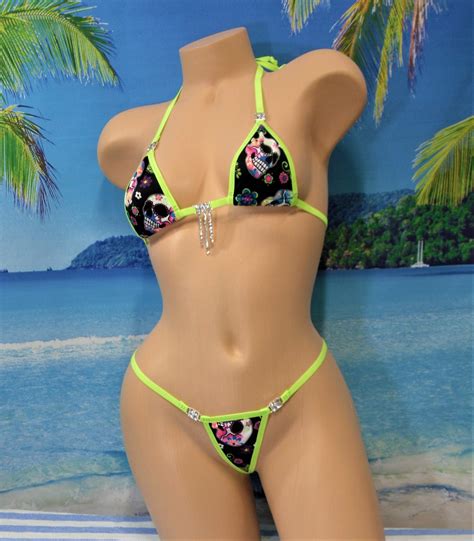 Micro G String Bikini W Rhinestones Sugar Skull With Neon Green Trim Black Light Reactive S M Etsy