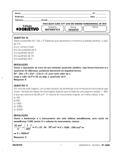 Desafio Objetivo 2019 - Matemática do 9º Ano do Ensino Fundamental - Studocu