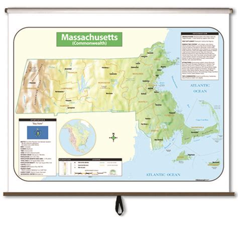 Massachusetts Large Scale Shaded Relief Wall Map On Roller Mixed Lots