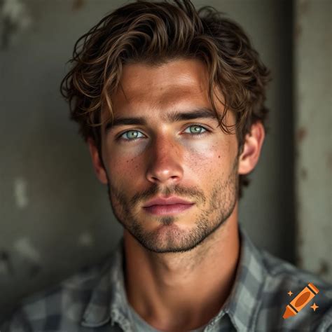 Close-up portrait of a man with green eyes and wavy brown hair, wearing