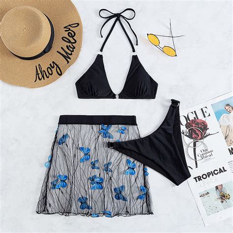 BKN2010 SET BIKINI 3 MÓN ĐEN KHUY NGỰC KÈM CHÂN VÁY HỒ ĐIỆP BIKINI MORE BIKINI XUẤT KHẨU