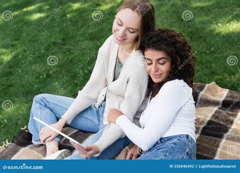 Happy Lesbian Women Sitting With Digital Stock Photo Image Of Curly Hold 236046492