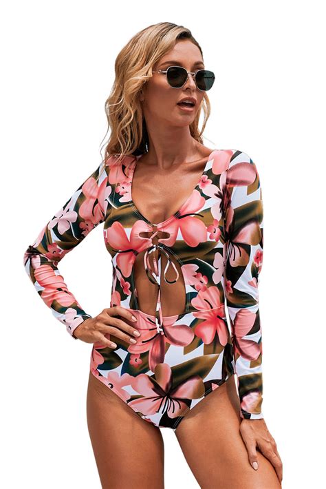 Nude Print Lace Up Long Sleeve Monokini Swimwear China Swimwear And Bikini Price