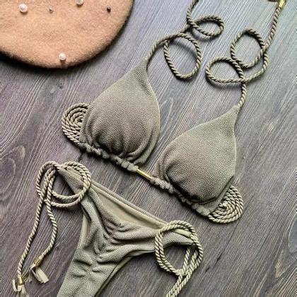 Olive Green Braided Rope Triangle Bikini Set On Luulla