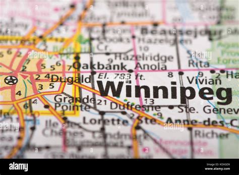 Closeup of Winnipeg, Manitoba on a road map of Canada Stock Photo - Alamy