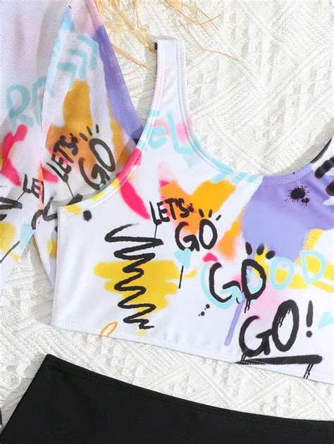 Tween Girls 3pcs Set Random Graffiti Print Bikini Swimwear SHEIN USA