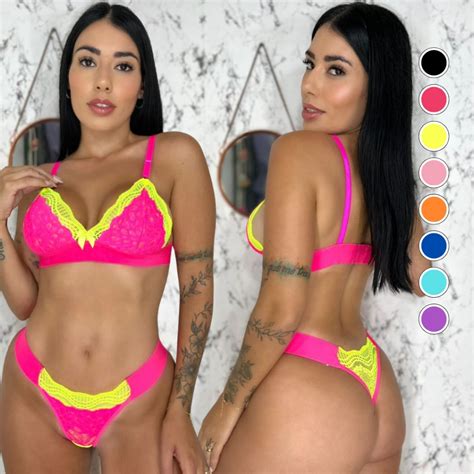 Conjunto Lingerie Neon Feminino Renda Elastico Bicolor Sem Bojo Completo Sexy Luxo Shopee Brasil