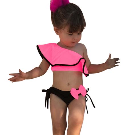 Kiijoy Girls Piece Swimsuit One Shoulder Bathing Suit Ruffle Bow Bikini Set Sizes M T