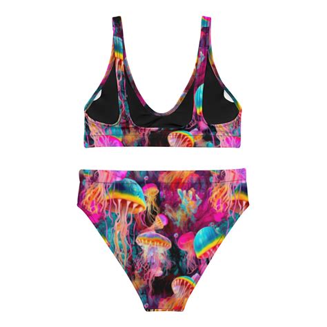 High Waisted Psychedelic Bikini Cute Jellyfish Print Colorful Rainbow Neon Pattern Rave Women