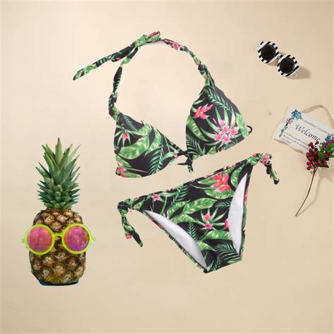 White Trim Tropical Leaf Triangle Bikini Set Bikini Set Bikinis My XXX Hot Girl