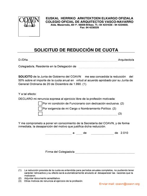 Solicitud De Reducci N De Cuota Colegio Oficial De Arquitectos