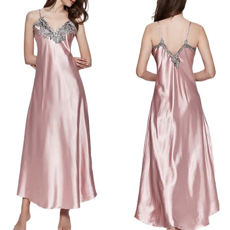 KelaJuan Women Satin Long Nightgowns Silk Lace Sexy Lingerie Sleeveless Deep V Nightdress