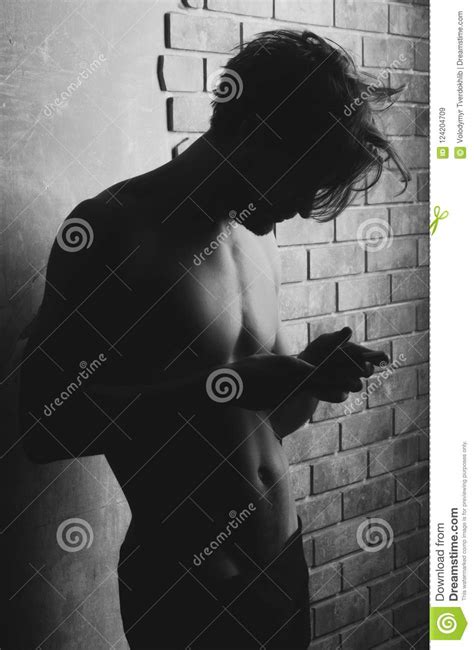 Athlete Macho With Naked Torso In Trunks Using Mobile Phone Stock Image Image Of Naked Macho