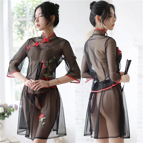Sexy Lingerie Women Hanfu Embroidered Dress Transparent Gauze Retro Qipao Lingerie Cosplay