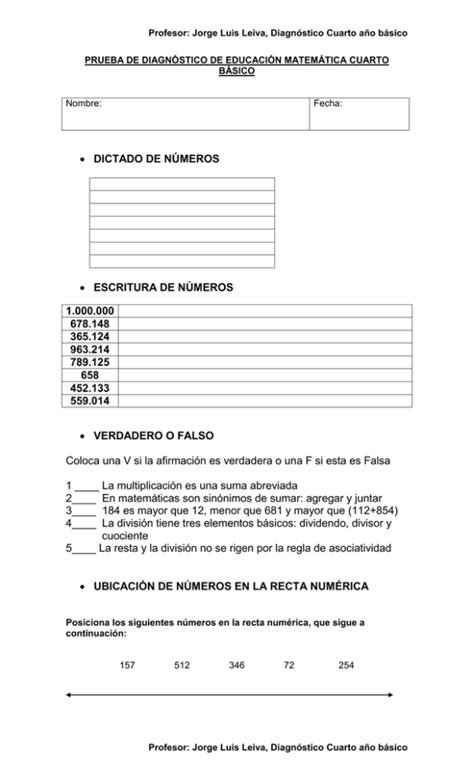 prueba de diagnóstico de educación matemática cuarto básico