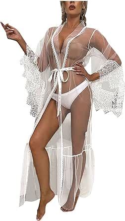 Amazon Lmsxct Women Sexy Long Lace Lingerie Kimono Robe V Neck See Through Bridal Bathrobe