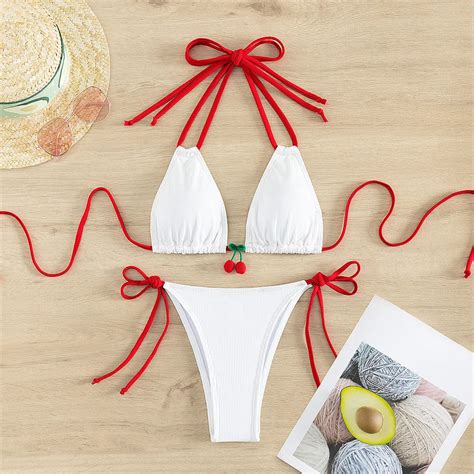 Cherry Accented White Triangle Bikini Swimwear On Luulla