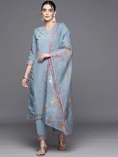 Viscose Rayon Indo Era Blue Embroidered Straight Kurta Trousers With