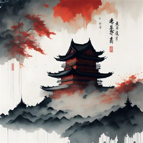 Muted japanese ink painting style with a castle and japanese ...