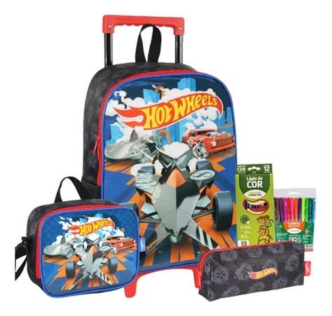 Kit Mochila Rodinha Hot Wheels Estojo Lancheira Infantil Parcelamento Sem Juros