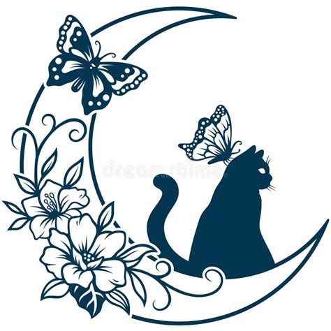 Aesthetic Floral Cat Silhouette Graphic Clip Art Stock Vector