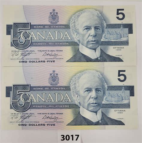 Lot Of 2 Cdn Uncirculated 1986 Sequential 5 Banknotes