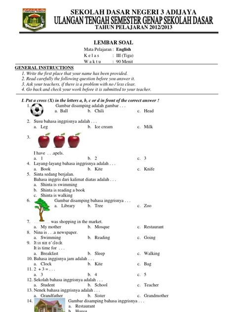 25 Soal Bahasa Indonesia Kelas 2 Sd Mid Semester 1 Soal Jawaban