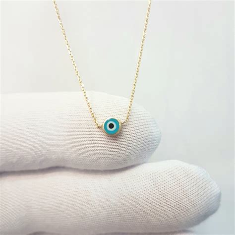 K Real Solid Yellow Gold Evil Eye Pendant Necklace For Women Navy