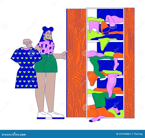 Displeased Latina Woman At Wardrobe Line Cartoon Flat Illustration Stock Illustration