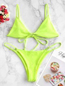 Zaful Padded Plain String Bikini Swimsuit In Green Yellow Zaful