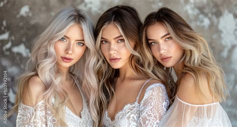 Three Beautiful Women With Long Hair In The Colors Of Platinum Blonde Balayage Ombre And Honey