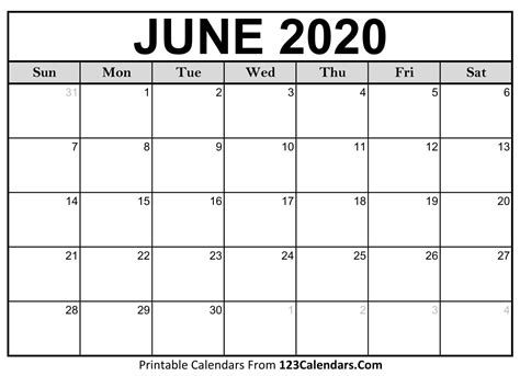 June 2020 Printable Calendar Printable Templates