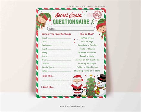 Christmas Secret Santa Questionnaire Printable Secret Santa Form for