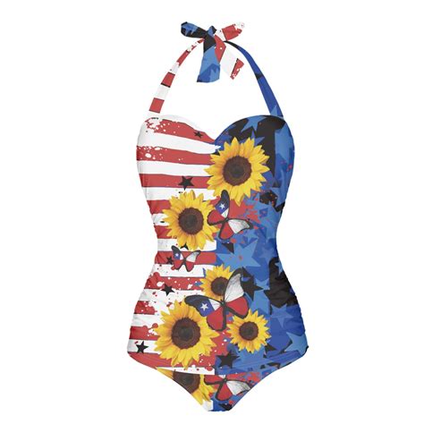 Fkelyi Vintage Usa Flag Sunflower Butterfly Print Halter Swimsuit For Women One Piece Bikini