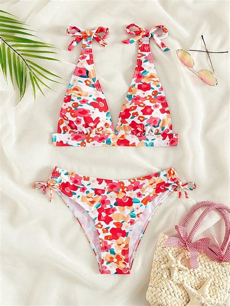 Swim Mod Allover Floral Print Bikini Set Knot Shoulder Wireless Bra Top Tie Side Bikini Bottom