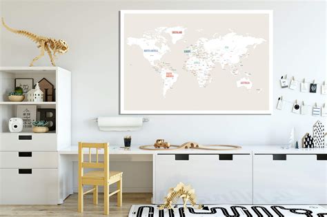 World Map Wall Art Poster 24 X 18 Unframed Beige And White Color