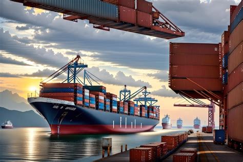 Premium Ai Image A Container Ship Is Docked At A Dock With A Sunset