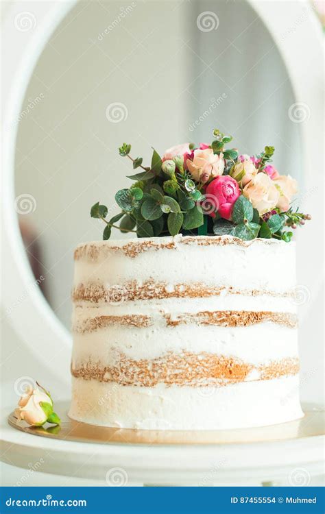 Decorated White Naked Cake Rustic Style For Weddings Birthdays And Events Stock Photo Image