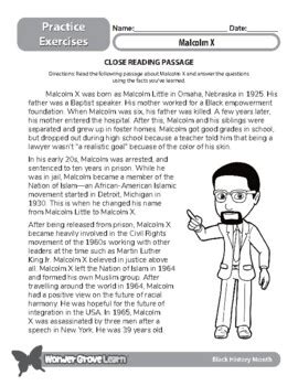 Black history month: malcolm x reading passage + questions by wonder media