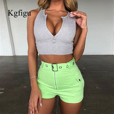 Kgfigu Women T Shirts 2019 New Arrival Ribbed Cropped Tops Sexy Streetwear Sleeveless T Shirts