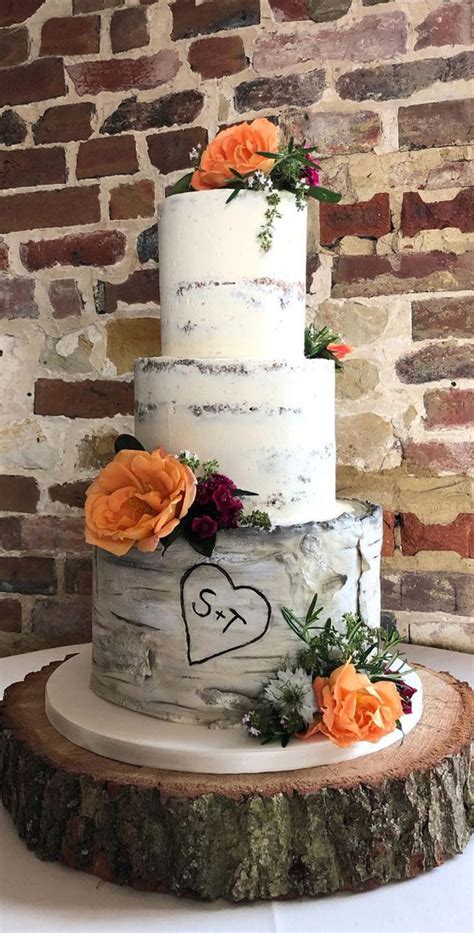 Woodland Inspired Wedding Cake Ideas Grey Birch Wood Slice Semi Naked Cake