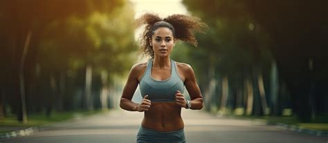 Jovem latina correndo no treinamento de pista de corrida para competição esportiva árvores