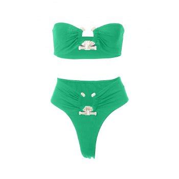 Emmiol Free Shipping 2025 Metal Decor Ruched Bikini Set Green M In Bikini Sets Online Store