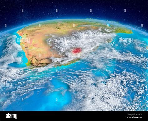 Orbit View Of Lesotho Highlighted In Red On Planet Earth With Highly