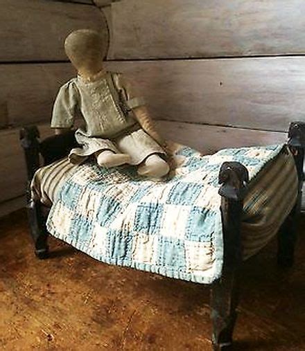 Childs Doll Rope Bed With Early Ticking Feather Mattress And Old Quilt